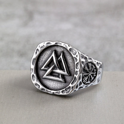 Vintage Solid Stainless Steel Viking Valknut Vegvisir Round Signet Ring for Men
