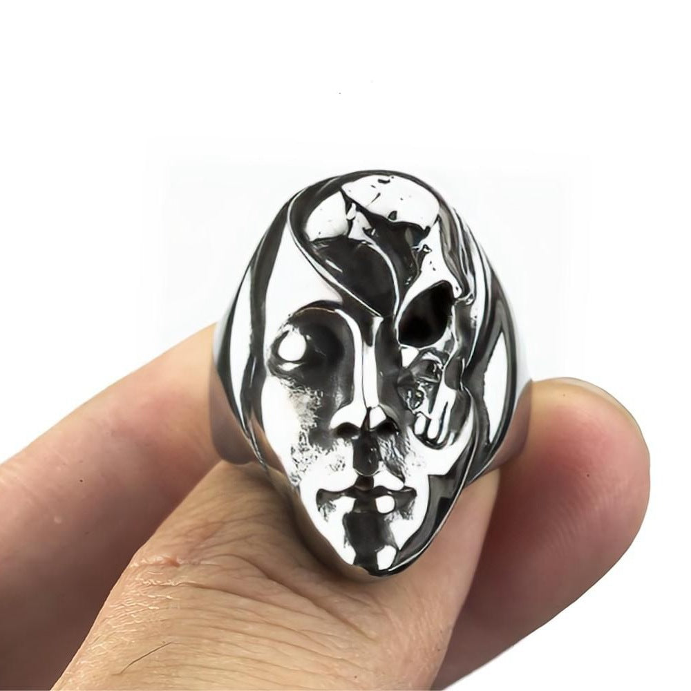 Vintage Solid Stainless Steel 3D Embossed Half Skull Face Punk Band Ring for Men