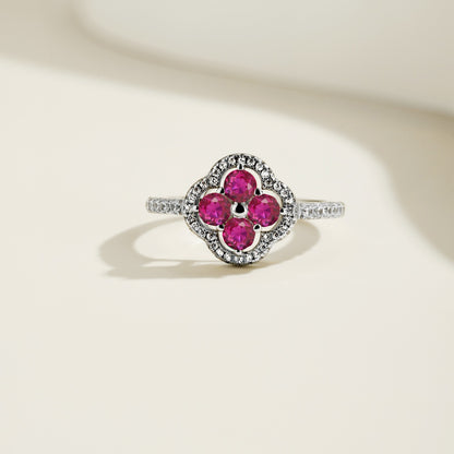 Women's S925 Silver White Gold Tone Ring, Four-Leaf Clover Shape Fuchsia Cubic Zirconia Halo Ladies Fashion Ring