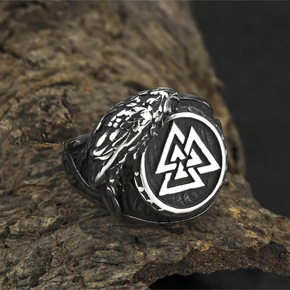 Vintage Solid Stainless Steel Viking Triangle Symbol Crow Totem Band Ring for Men