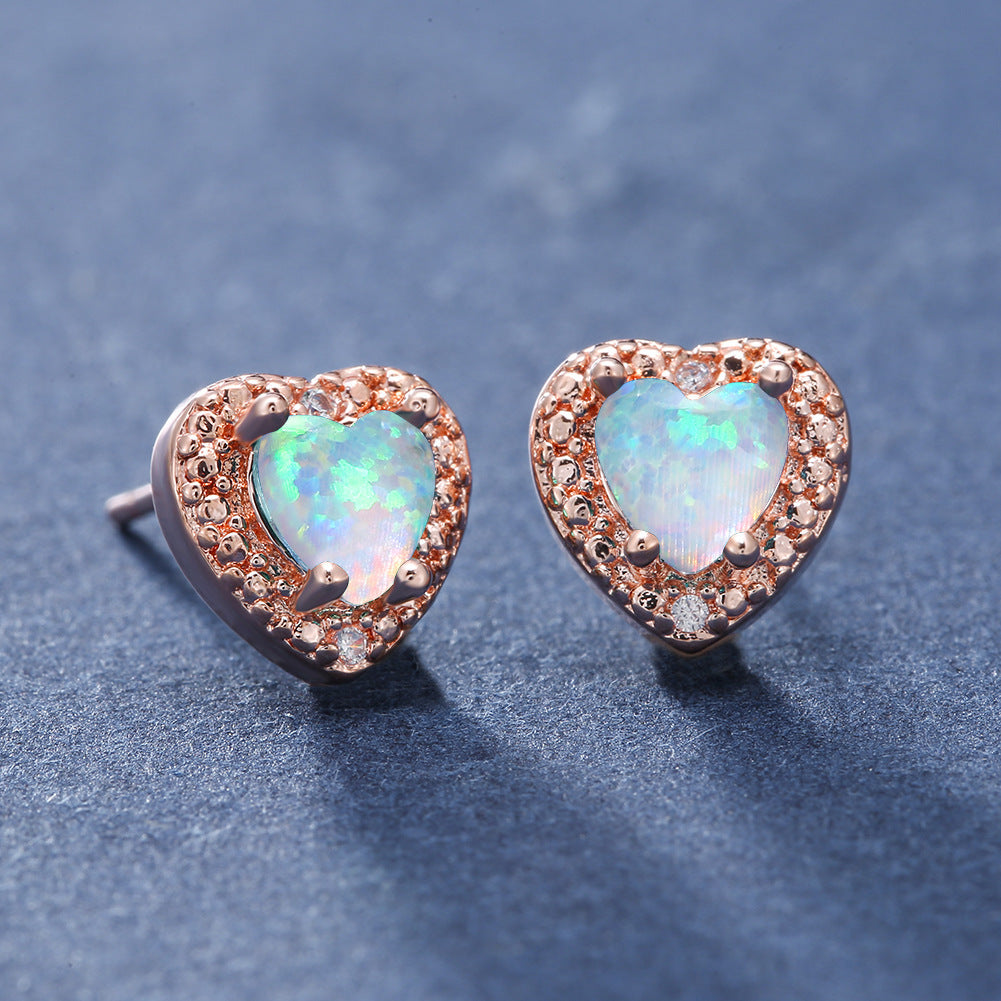 Women's Prong Set Heart Paved Zirconia White & Blue Opal Stud Earrings, Rose Gold / White Gold Plating