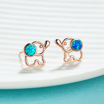 Women's Hollow Elephant‑Shape Stud Earrings, Blue Opal / White Opal Inlay