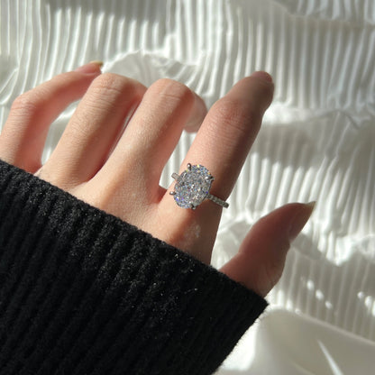 Women's Oval Egg Shape Claw Set Solitaire Zirconia Ring with Accent Side Stones, S925 with White Gold Plating