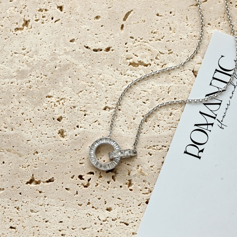 Women's Interlocking Rings Pendant Necklace, Baguette Zirconia Paved Inlay, S925 with White Gold Plating