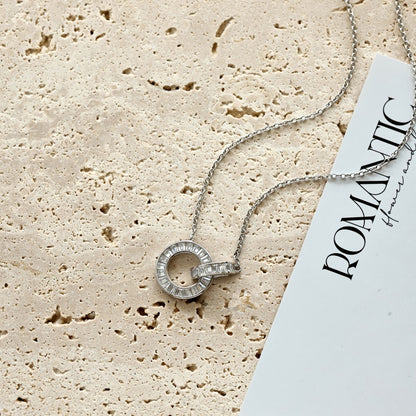 Women's Interlocking Rings Pendant Necklace, Baguette Zirconia Paved Inlay, S925 with White Gold Plating