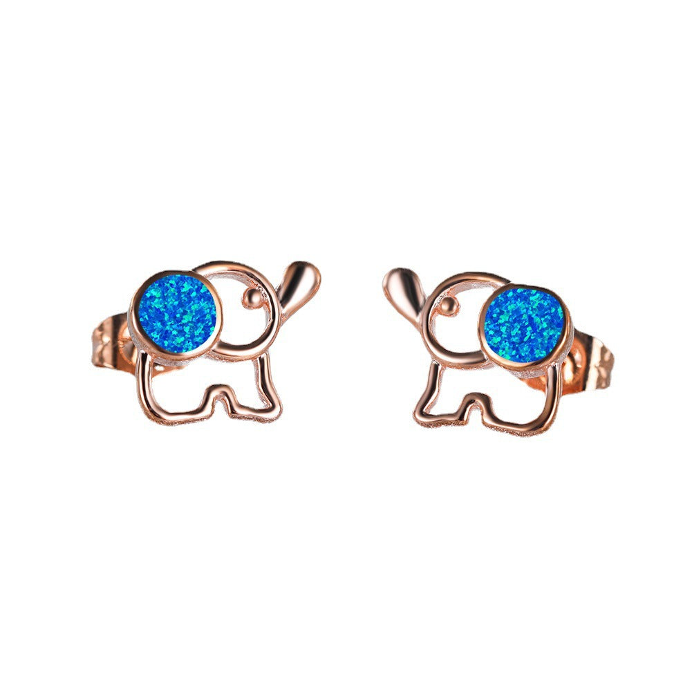 Women's Hollow Elephant‑Shape Stud Earrings, Blue Opal / White Opal Inlay