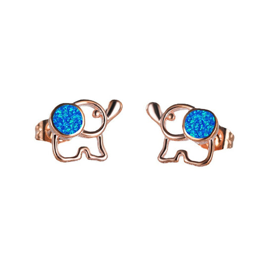 Women's Hollow Elephant‑Shape Stud Earrings, Blue Opal / White Opal Inlay