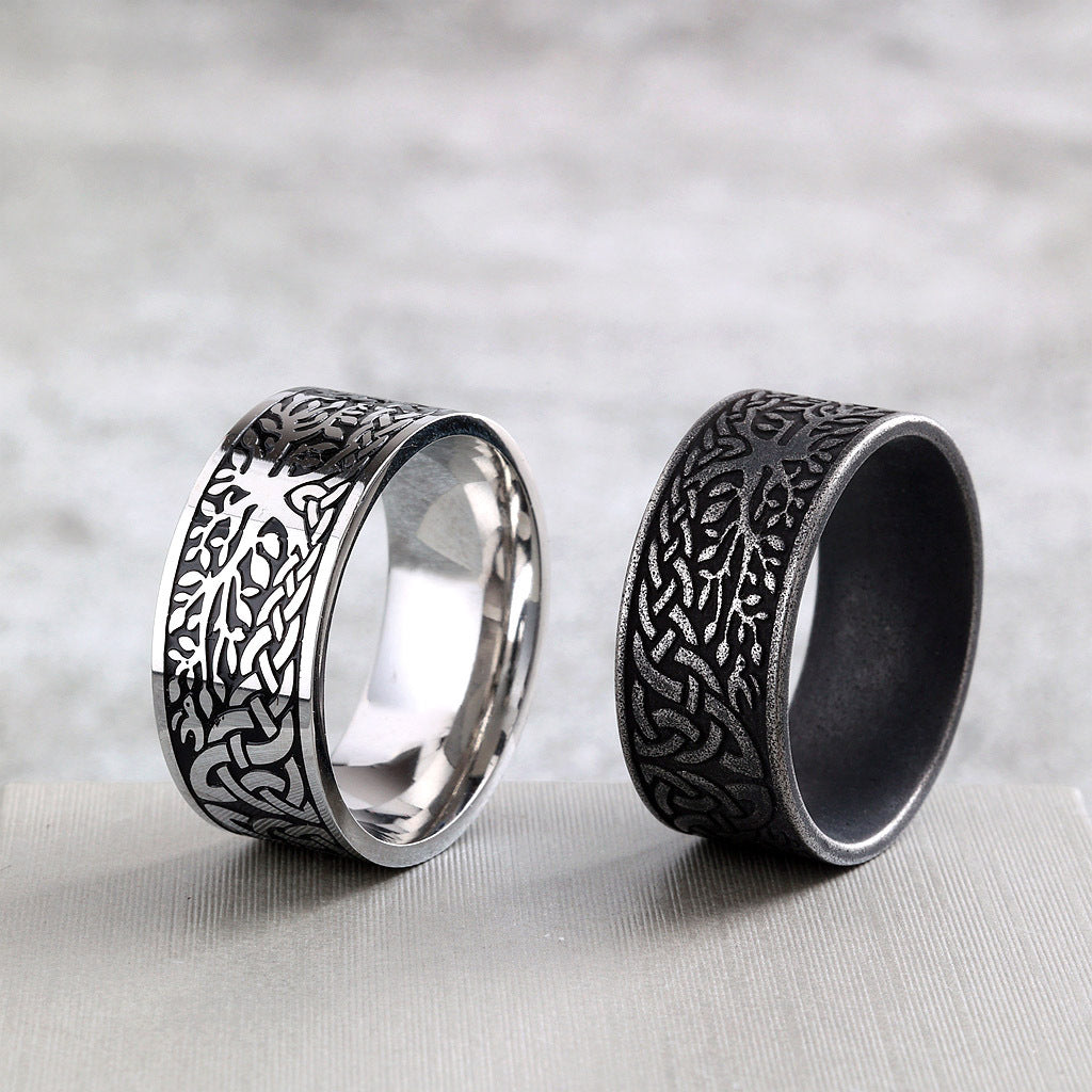Vintage Solid Stainless Steel Celtic Knot Tree of Life Wide Band Ring for Men