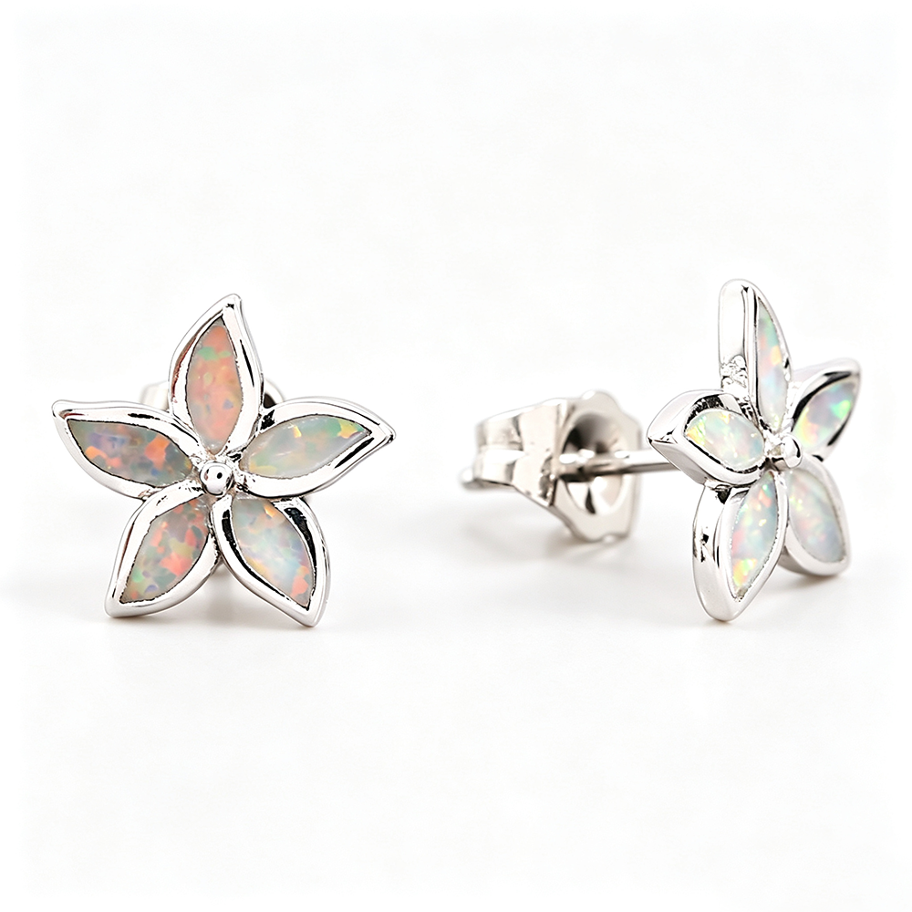 Women's Five‑Petal Flower Stud Earrings Inlaid With White & Blue Opal, with Gold Plating / with White Gold Plating