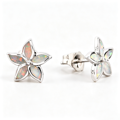Women's Five‑Petal Flower Stud Earrings Inlaid With White & Blue Opal, with Gold Plating / with White Gold Plating