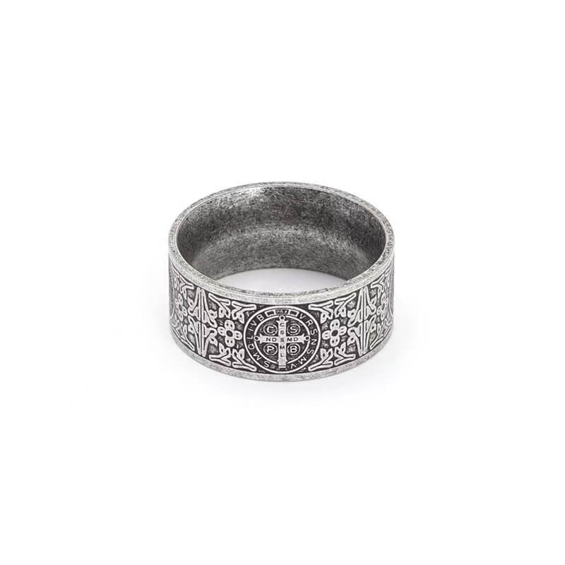 Vintage Solid Stainless Steel Dark Circle Saint Benedict Cross Ring for Men