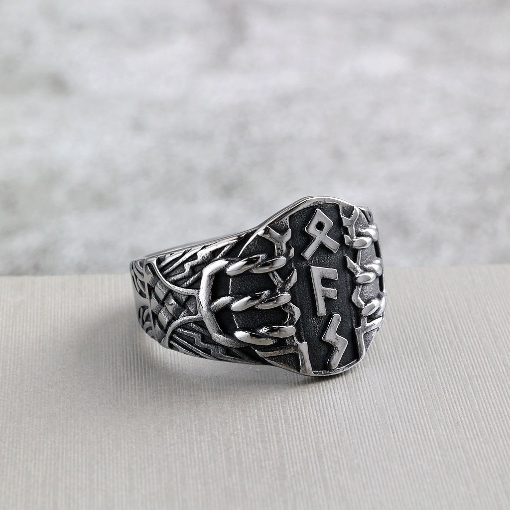 Vintage Solid Stainless Steel Viking Rune Shield Signet Ring for Men