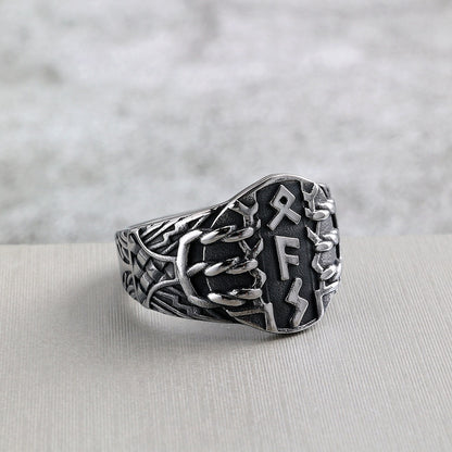 Vintage Solid Stainless Steel Viking Rune Shield Signet Ring for Men