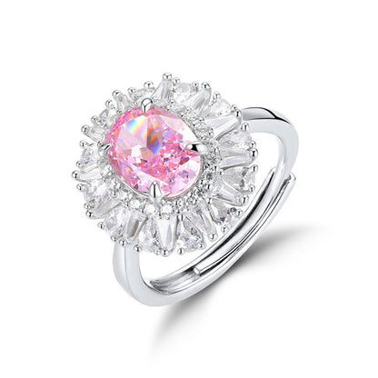 Women's White Gold Emerald Cut Stones Pink Gem Halo Adjustable Ring