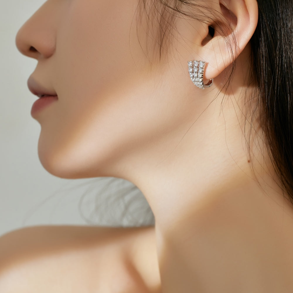 Women's U‑Shape Click Hoop Earrings, 3‑Row Paved Round Zirconia, S925 with White Gold Plating
