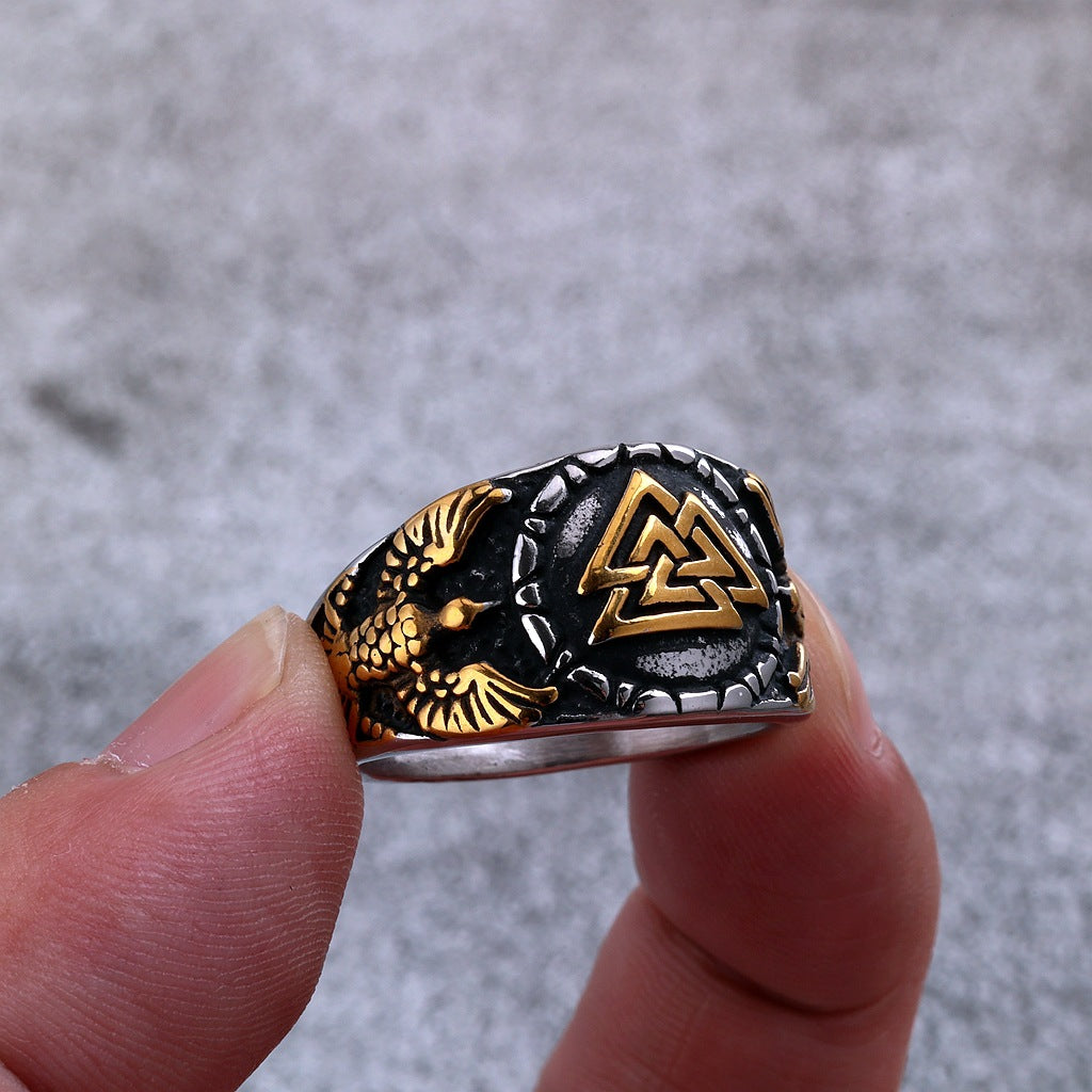 Vintage Solid Stainless Steel Norse Viking Valknut Raven Wide Signet Ring for Men