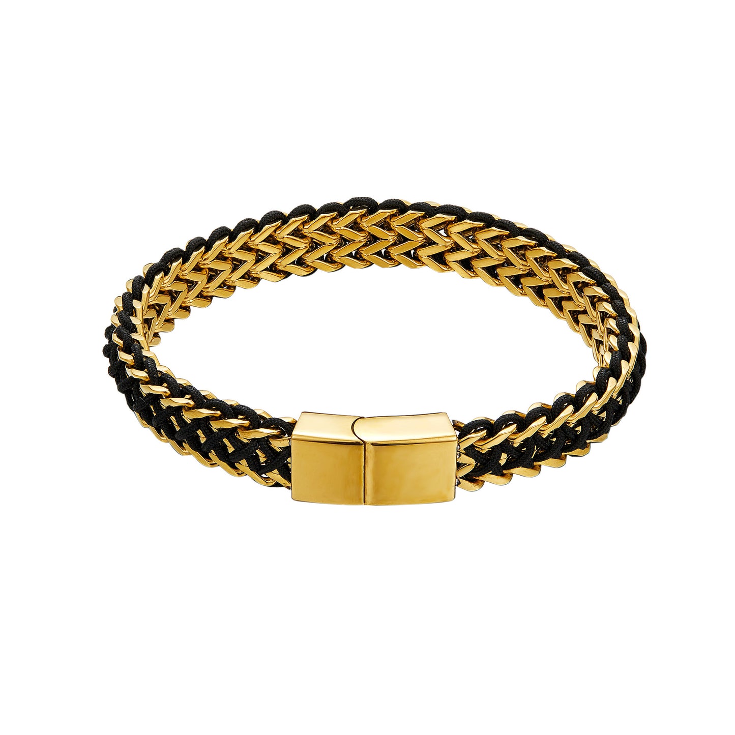 Gold Tone Double Row Welded Square Polished Stainless Steel Braided Bracelet for Men, Magnetic Clasp Wrist Chain