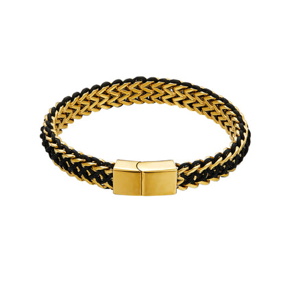 Gold Tone Double Row Welded Square Polished Stainless Steel Braided Bracelet for Men, Magnetic Clasp Wrist Chain