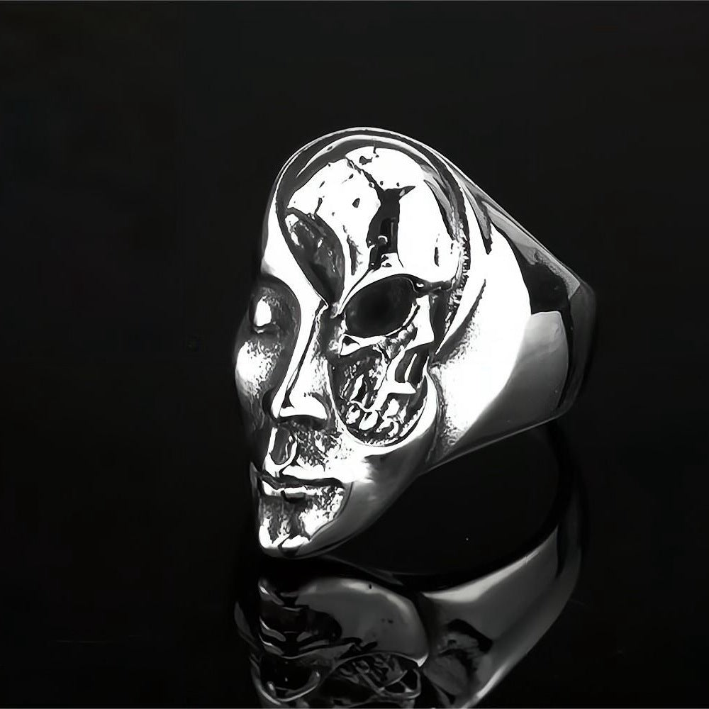 Vintage Solid Stainless Steel 3D Embossed Half Skull Face Punk Band Ring for Men
