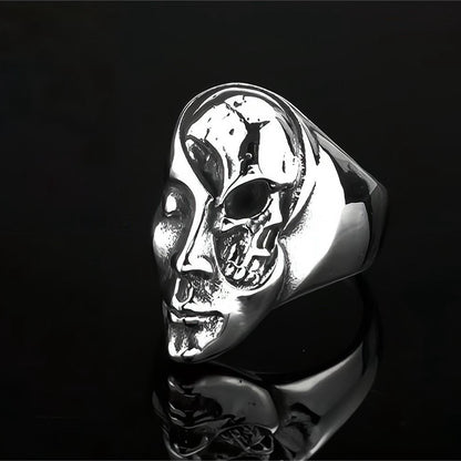 Vintage Solid Stainless Steel 3D Embossed Half Skull Face Punk Band Ring for Men