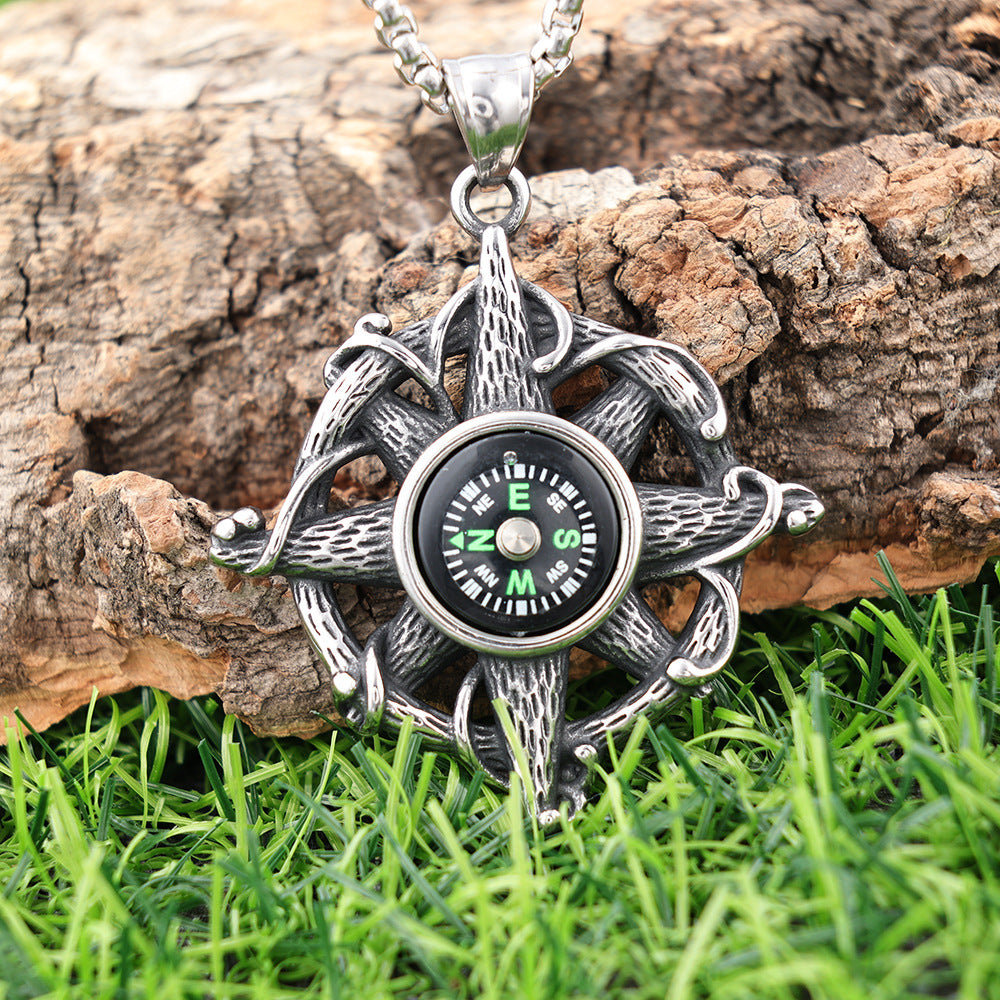 Men's Steel Compass Anchor Pendant Necklace