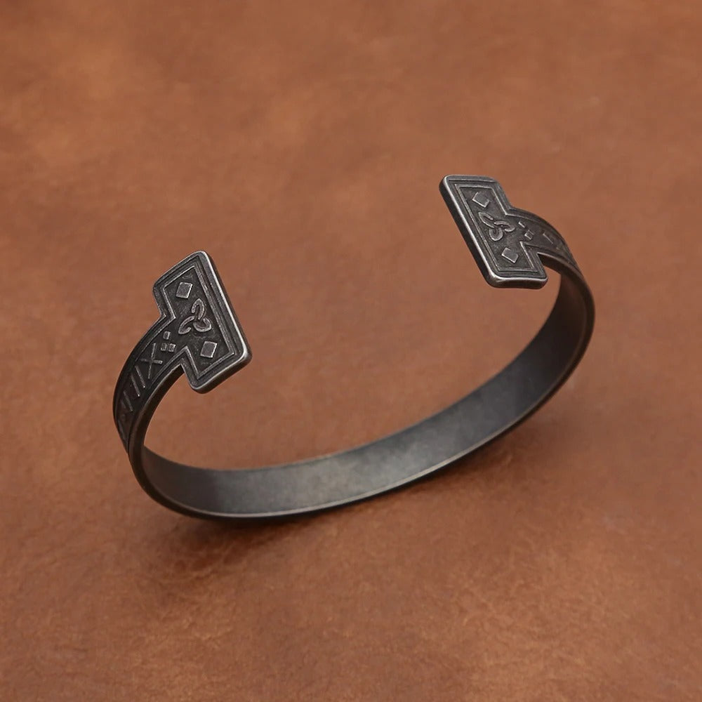 Men's European Viking Rune Open C Cuff Bracelet, Stainless Steel Adjustable Nordic Retro Bangle