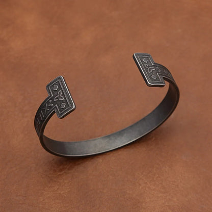 Men's European Viking Rune Open C Cuff Bracelet, Stainless Steel Adjustable Nordic Retro Bangle