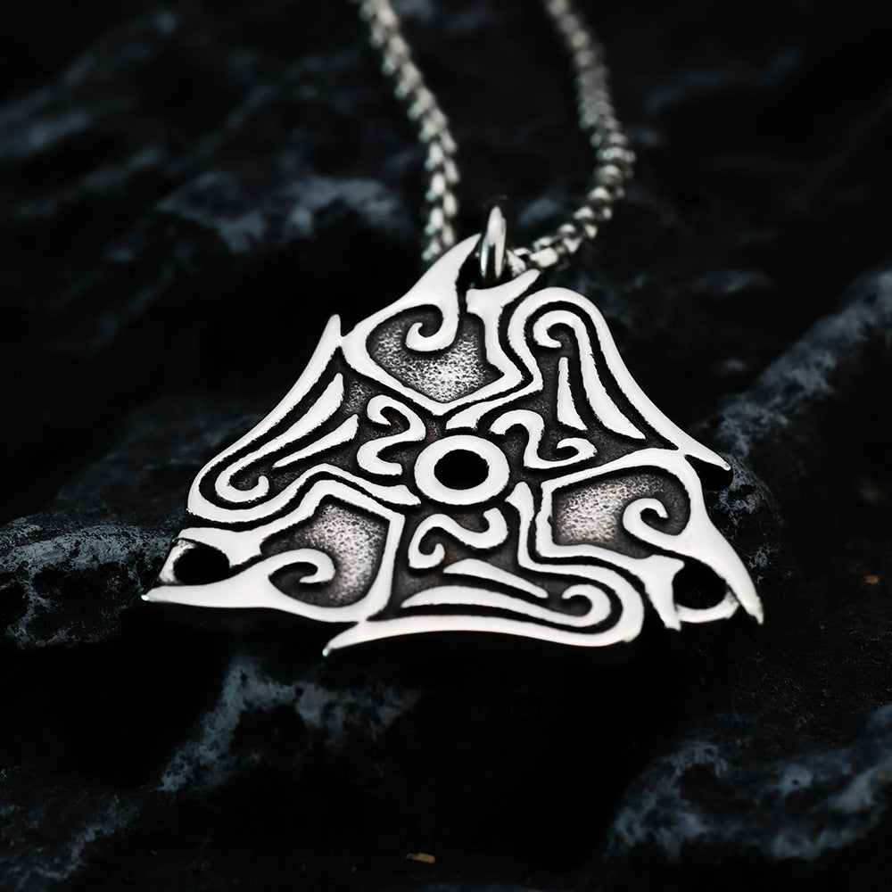 Vintage Antique Oxidized Stainless Steel Men's Norse Viking Swirl Pattern Triangle Hollow Totem Pendant Necklace