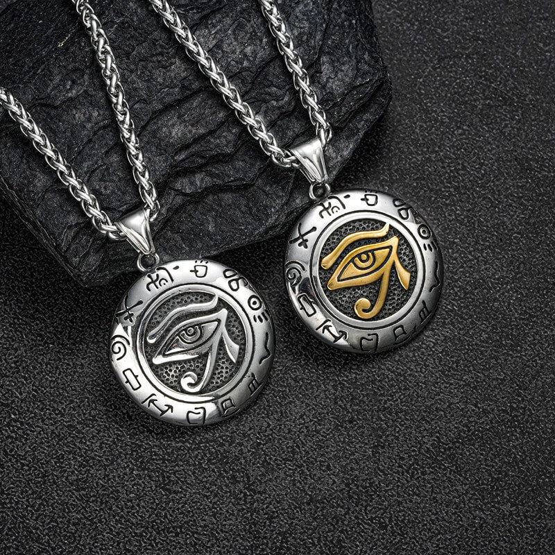Vintage Stainless Steel Men's Egyptian Eye of Horus Round Pendant Necklace