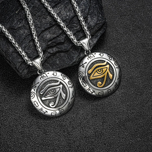 Vintage Stainless Steel Men's Egyptian Eye of Horus Round Pendant Necklace