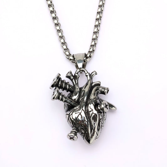 Vintage Stainless Steel Men's Screw Heart Pendant Necklace