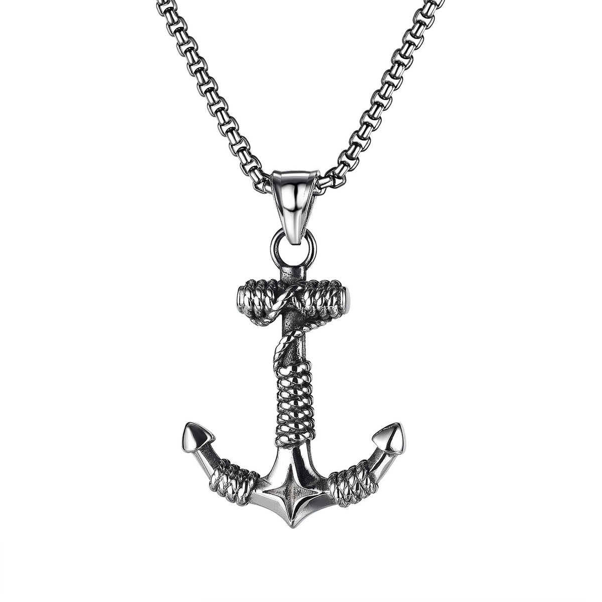 Men's Steel Rope Wrapped Anchor Pendant Necklace