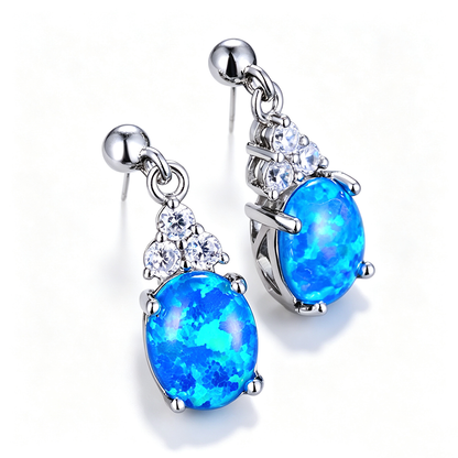 Women's Oval Opal Dangle Stud Earrings With Triple Zirconia Accent, with White Gold Plating