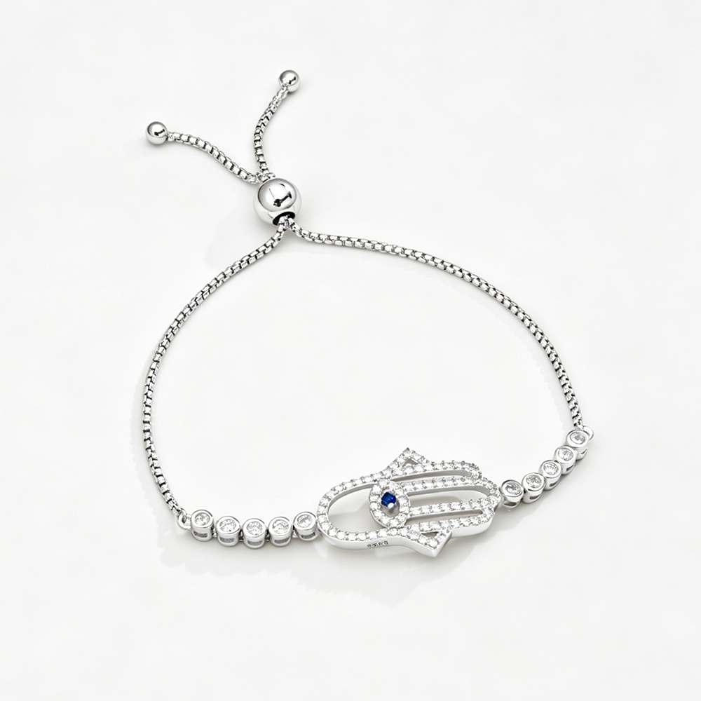 Women's Adjustable Bracelet, Hamsa Hand Evil Eye Paved Zirconia Inlay, S925 with White Gold Plating