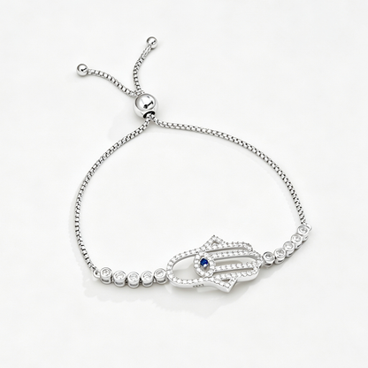 Women's Adjustable Bracelet, Hamsa Hand Evil Eye Paved Zirconia Inlay, S925 with White Gold Plating