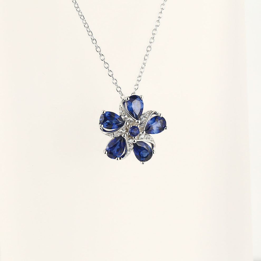 Women's Sterling Silver Five-leaf Clover Shape Pendant with Pear Brilliant Cut Sapphire