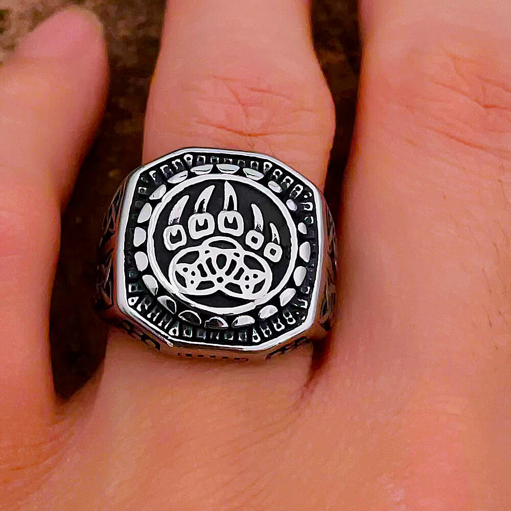 Vintage Solid Stainless Steel Engraved Viking Hollow Bear Claw Octagon Signet Ring for Men