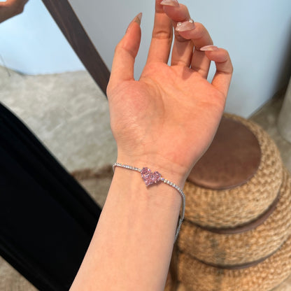 Women's Delicate Tennis Bracelet, Pink Heart Shape Center Zirconia Paved Inlay, S925 with White Gold Plating