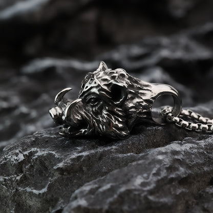 Mens Steel 3D Wild Boar Pendant Necklace