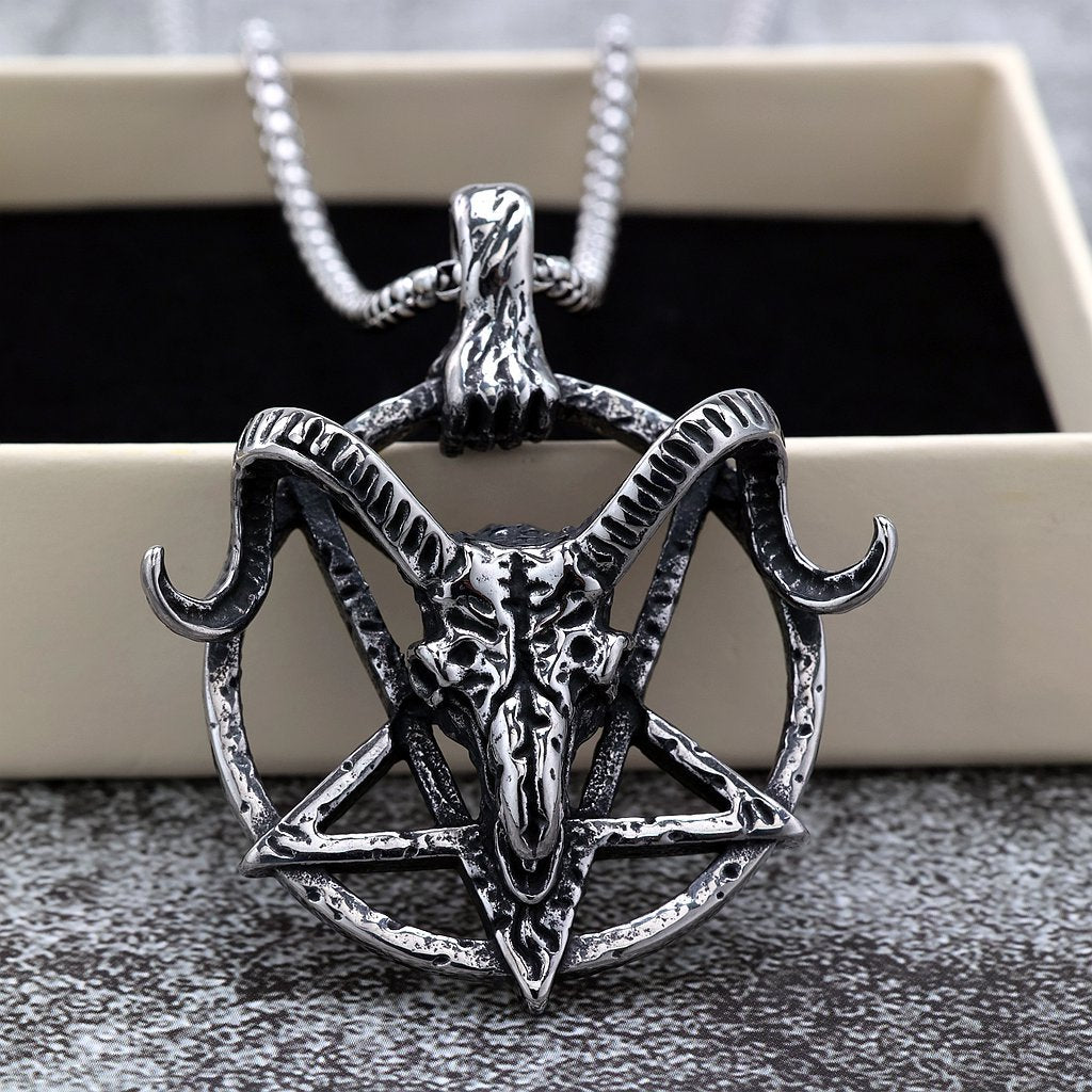 Vintage Stainless Steel Hollow Goat Head Pendant Necklace for Men