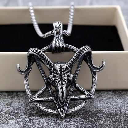 Vintage Stainless Steel Hollow Goat Head Pendant Necklace for Men