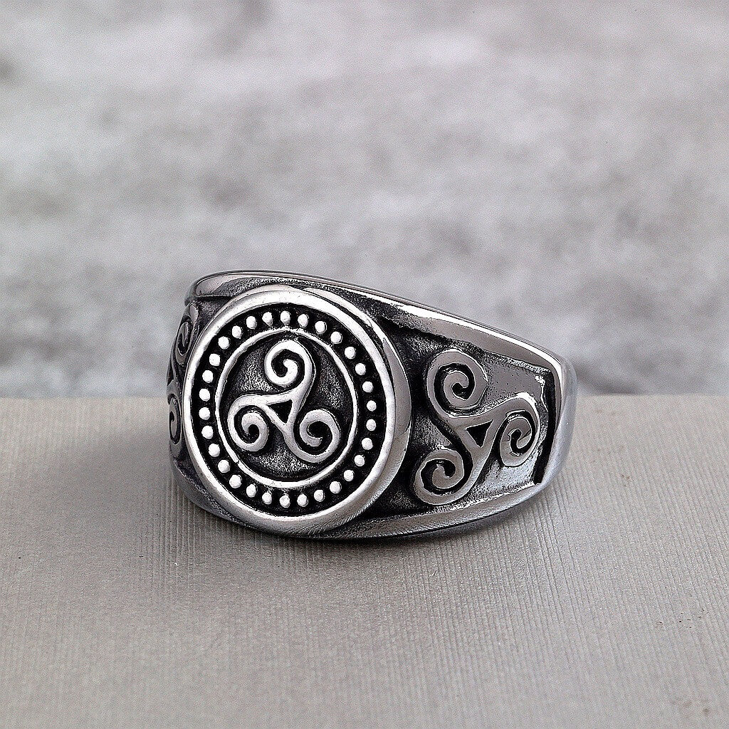 Vintage Solid Stainless Steel Viking Symbol Circle Spiral Ring for Men