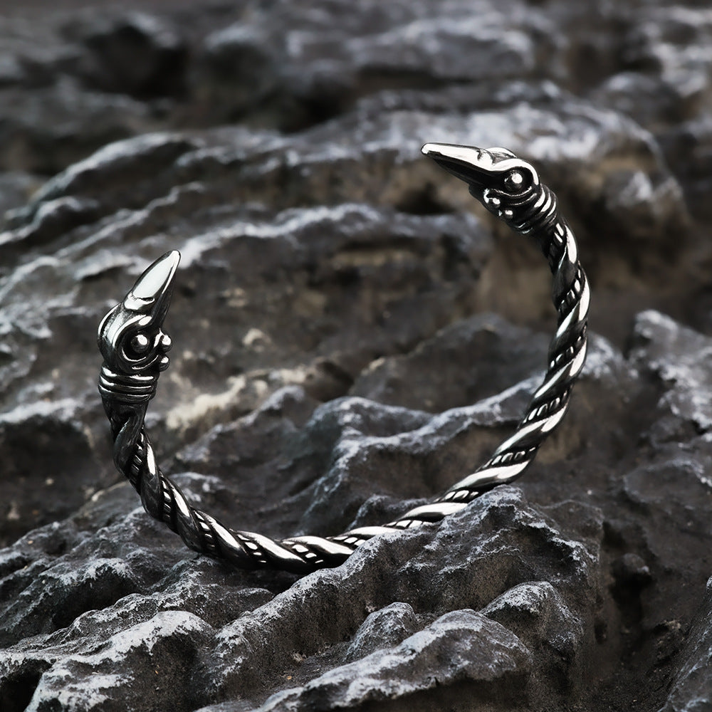 Viking Raven Solid Stainless Steel Open C Bracelet for Men, Nordic Pirate Vintage Adjustable Cuff Bangle