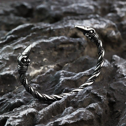 Viking Raven Solid Stainless Steel Open C Bracelet for Men, Nordic Pirate Vintage Adjustable Cuff Bangle