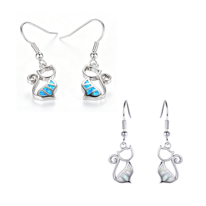 Women's Hollow Cat Blue & White Opal Dangle Earrings, White Gold Plating