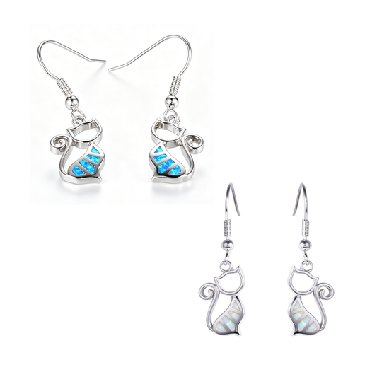 Women's Hollow Cat Blue & White Opal Dangle Earrings, White Gold Plating