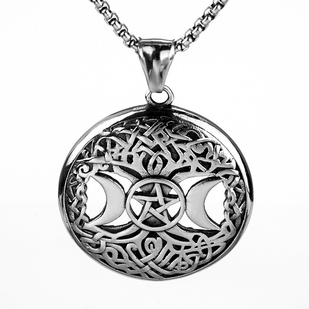 Men's Steel Triple Moon Tree of Life Pentagram Round Tag Pendant Necklace
