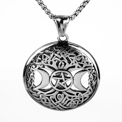 Men's Steel Triple Moon Tree of Life Pentagram Round Tag Pendant Necklace