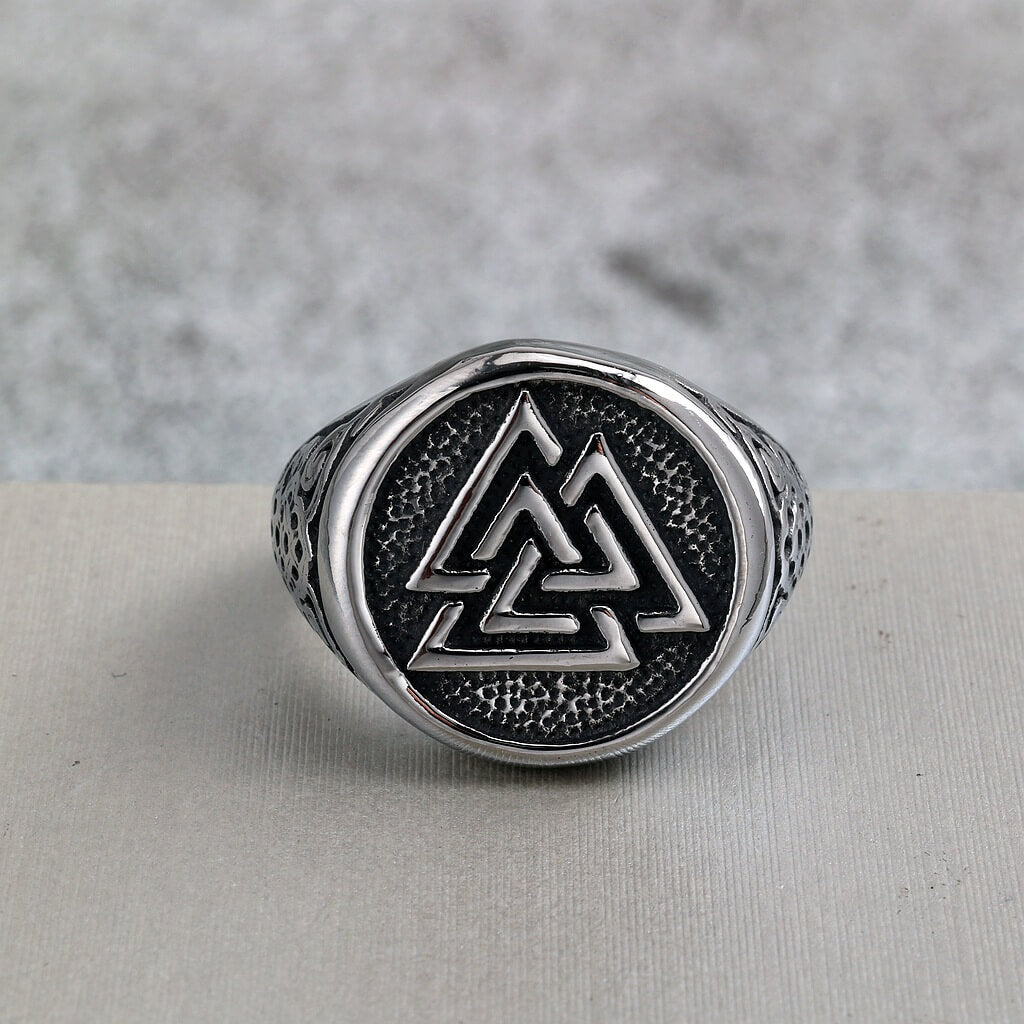 Vintage Solid Stainless Steel Viking Triangle Symbol Round Ring for Men
