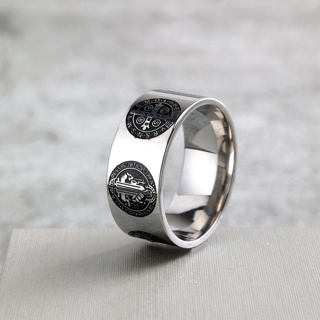 Vintage Polished Stainless Steel Saint Benedict Exorcism Cross Pattern Ring for Men
